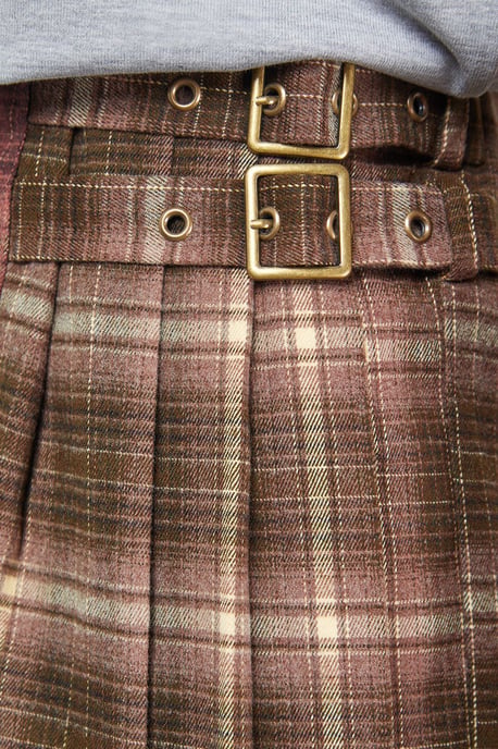 Mixed Check Buckle Side Pleat Awkward Length Skirt - Image 4