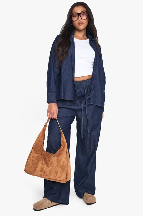 Plus Chambray Drawstring Wide Leg Trouser - Image 1