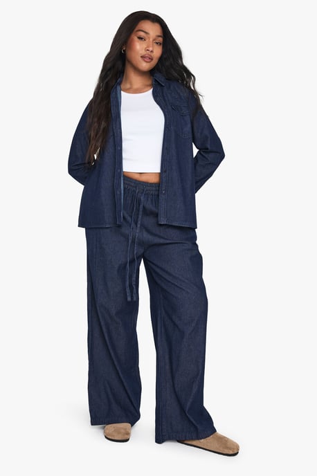 Plus Chambray Drawstring Wide Leg Trouser - Image 3