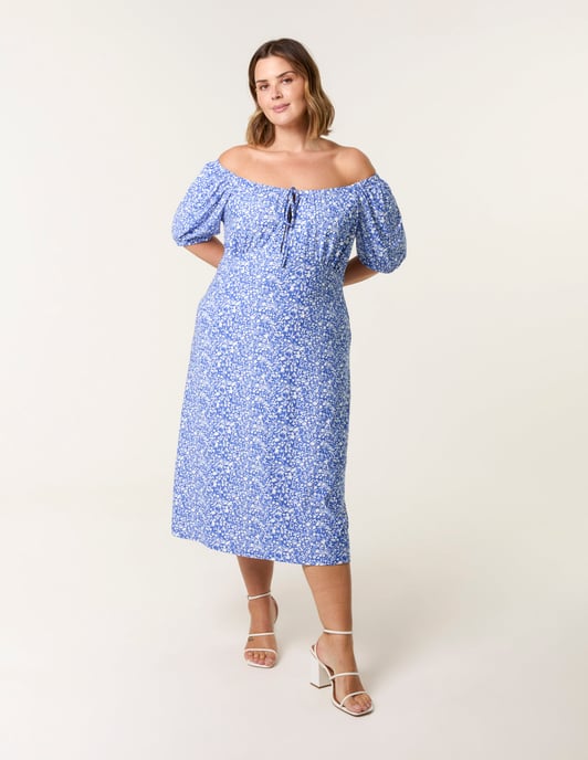 Curve Ditsy Print Milkmaid Stretch Crepe Midi Dress - Image 1