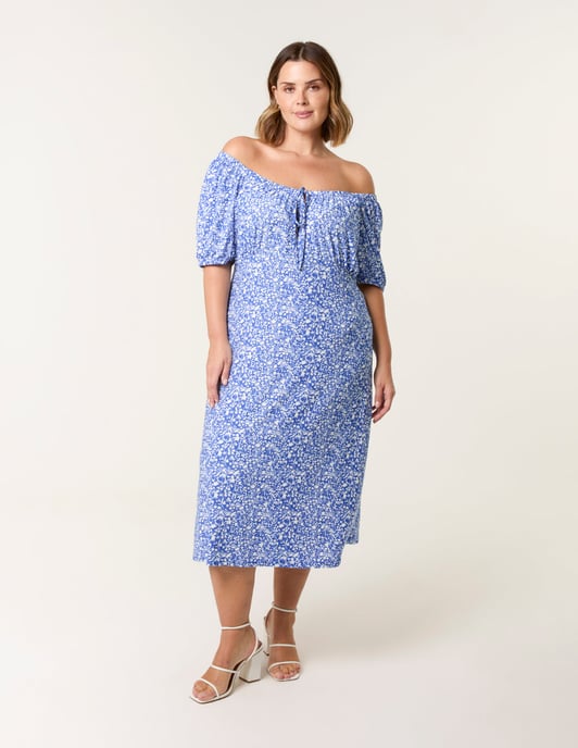 Curve Ditsy Print Milkmaid Stretch Crepe Midi Dress - Image 3