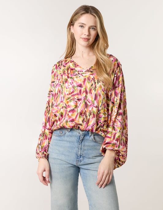 Printed V Neck Puffball Top - Image 1