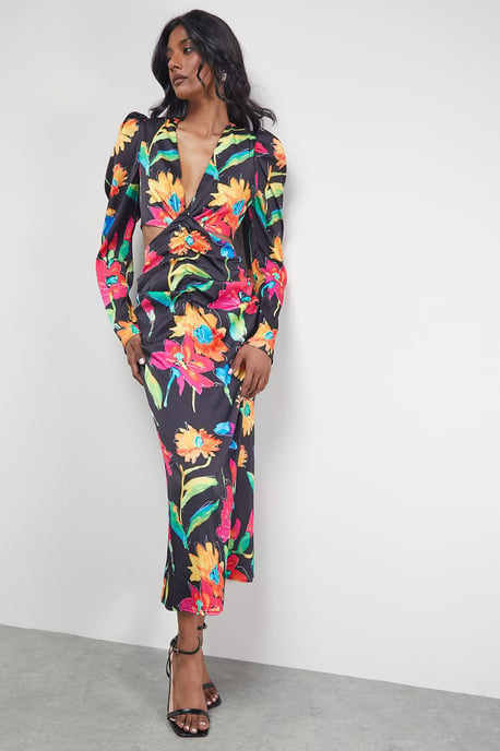 Satin Cut Out Waist Plunge Neck Midi Dress - Image 1