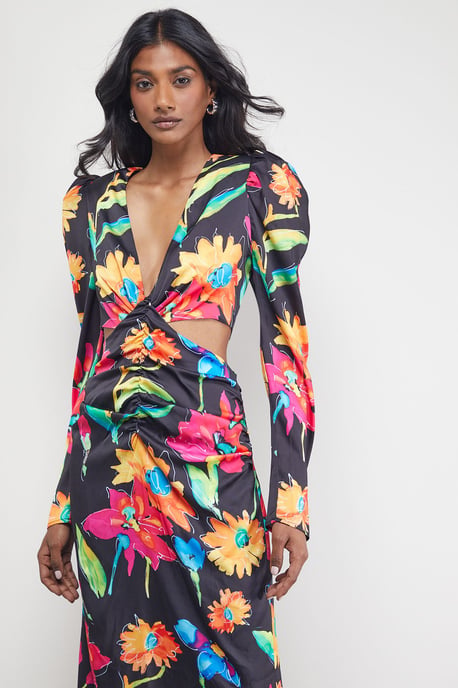Satin Cut Out Waist Plunge Neck Midi Dress - Image 2