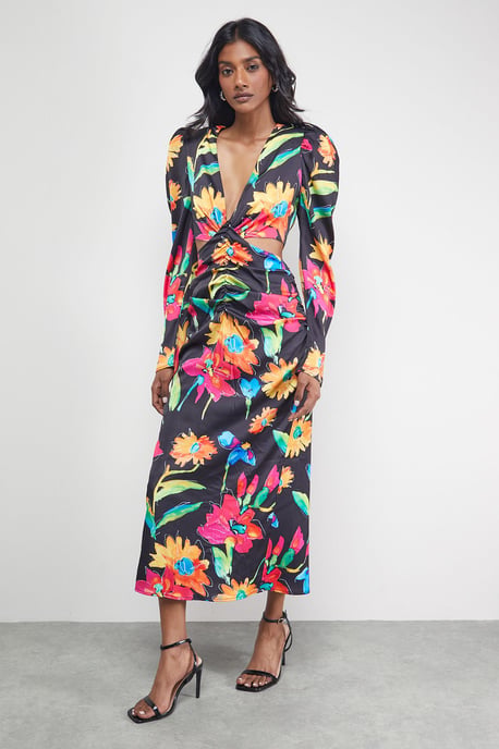 Satin Cut Out Waist Plunge Neck Midi Dress - Image 4