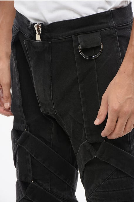 Stretch Denim Biker Jeans with Harness Details 17cm in Black - Image 3