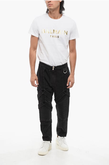 Stretch Denim Biker Jeans with Harness Details 17cm in Black - Image 4