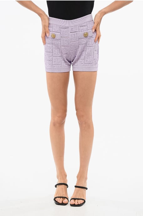 Dubbelknäppta virkade shorts i violett - Image 1