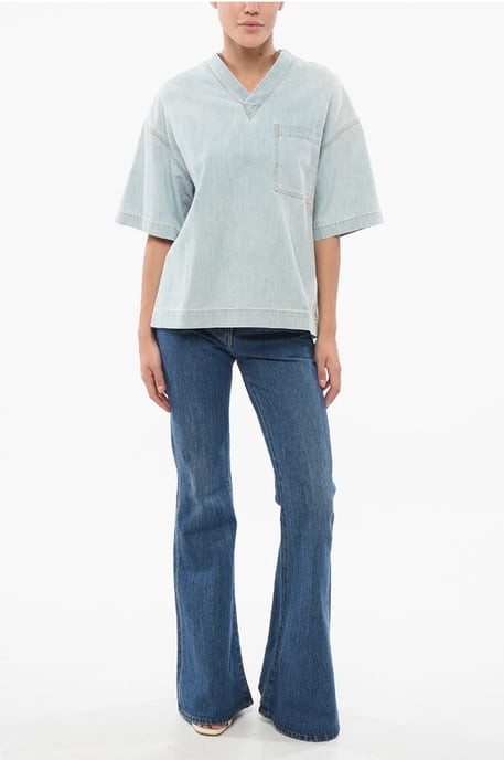 Light Washed Denim Blouse with Breast-pocket in Light blue - Image 4
