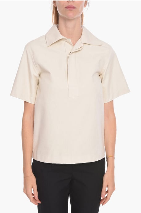 Short-sleeved Cotton Blouse with Hidden Buttons in White - Image 1