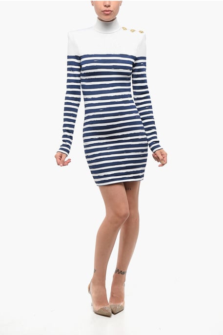 Tvåfärgad randig bodycon miniklänning med gyllene hjärtan i Bianco, Blå - Image 1