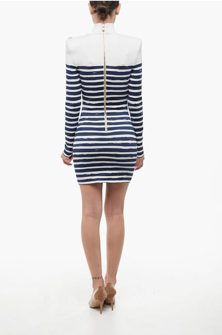Tvåfärgad randig bodycon miniklänning med gyllene hjärtan i Bianco, Blå - Image 2