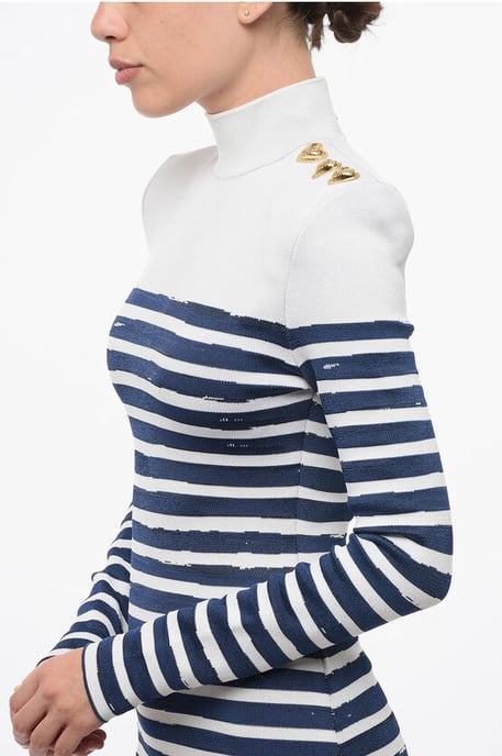 Tvåfärgad randig bodycon miniklänning med gyllene hjärtan i Bianco, Blå - Image 3