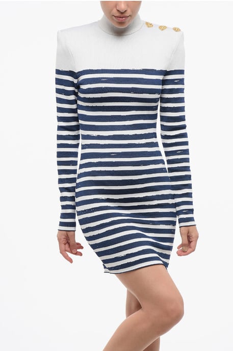 Tvåfärgad randig bodycon miniklänning med gyllene hjärtan i Bianco, Blå - Image 4