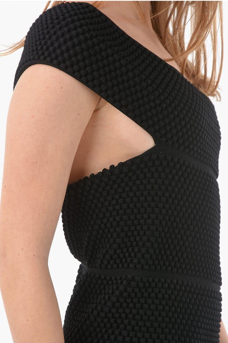 One Shoulder BUBBLE KNIT Mini Dress in Black - Image 3