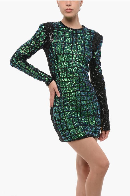 Long Sleeved Sequined Mini Dress in Multicolor - Image 4