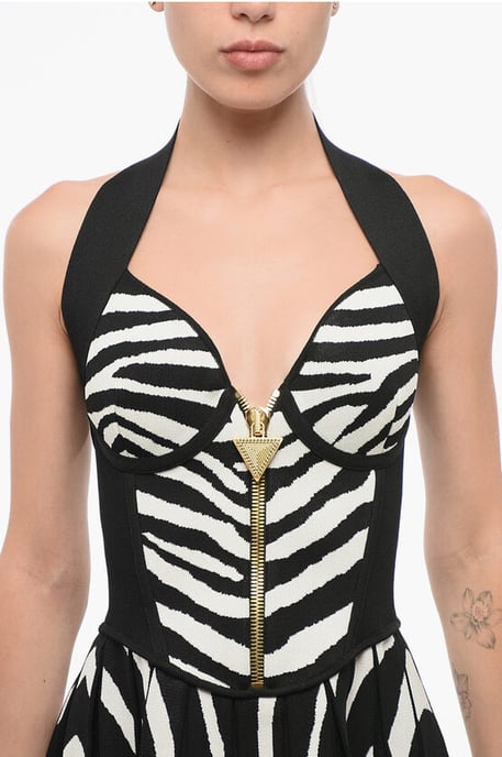Animal Patterned Halterneck Mini Dress in Black & White - Image 3