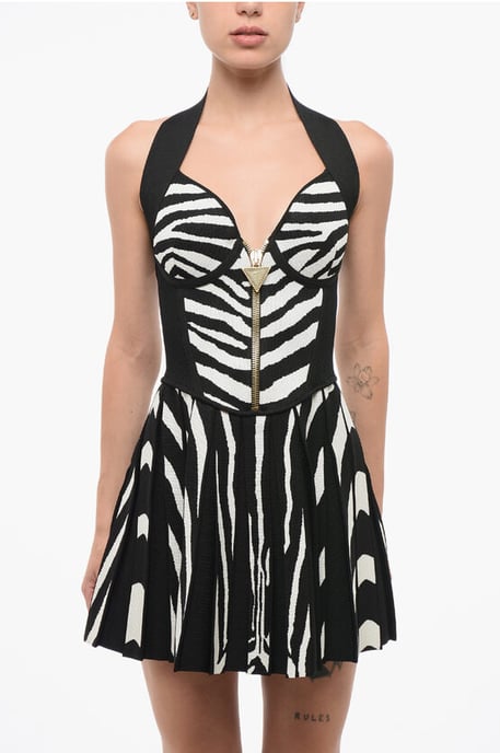 Animal Patterned Halterneck Mini Dress in Black & White - Image 4