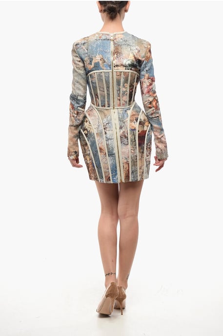 V-Neck Patterned Linen Cage Dress in Multicolor - Image 2