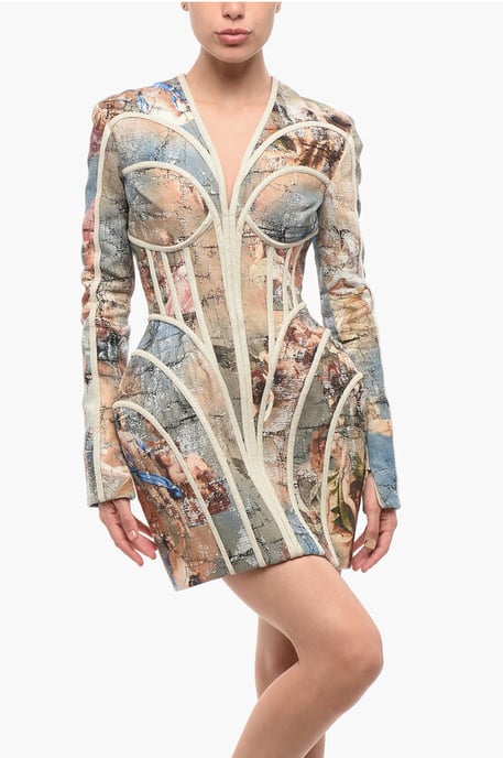V-Neck Patterned Linen Cage Dress in Multicolor - Image 4