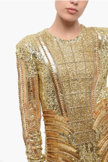 Golden Effect Mini Dress with Sequins and Beads in Gold - Image 3