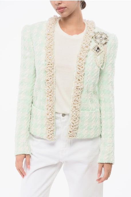 Tweed SIDE TO SIDE Blazer with Decorative Pearls in Light blue - Image 1