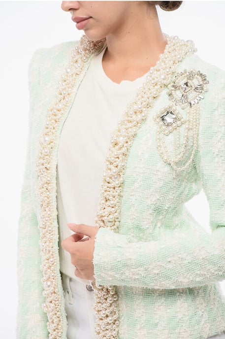 Tweed SIDE TO SIDE Blazer with Decorative Pearls in Light blue - Image 3