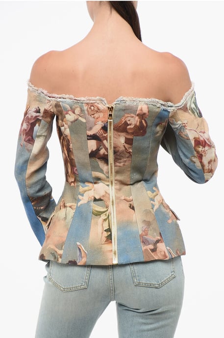 Patterned Linen Off-Shoulder Blazer in Multicolor - Image 2