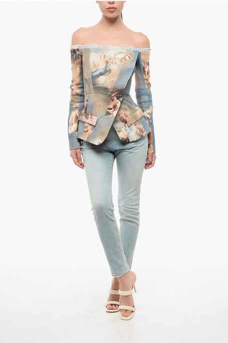 Patterned Linen Off-Shoulder Blazer in Multicolor - Image 4