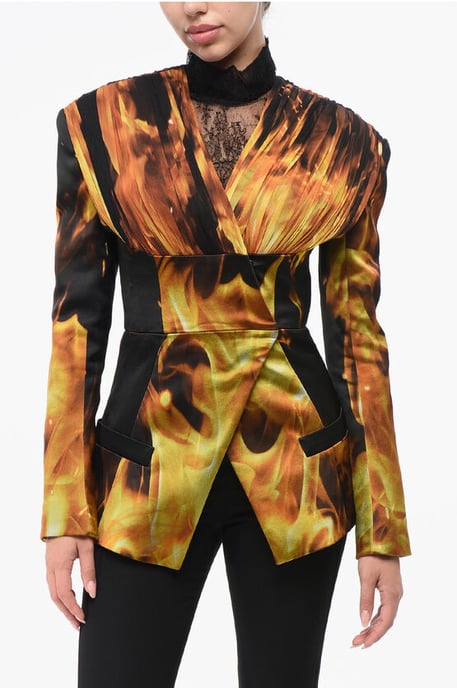 Tryckt satin FIRE kraglös kavaj i orange - Image 1