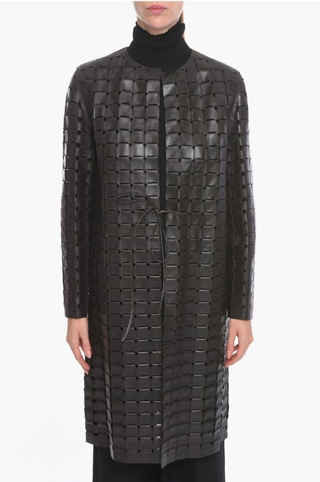 Knitted Leather SATINE Coat with Drawstring in Brown - Image 1