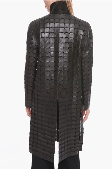 Knitted Leather SATINE Coat with Drawstring in Brown - Image 2