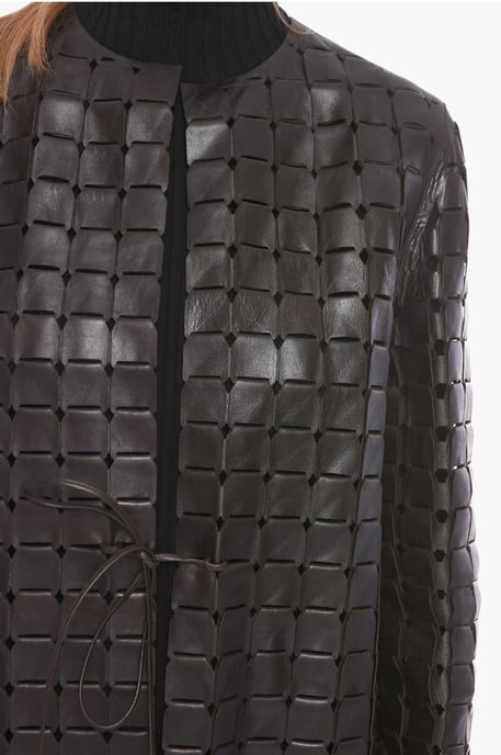 Knitted Leather SATINE Coat with Drawstring in Brown - Image 3