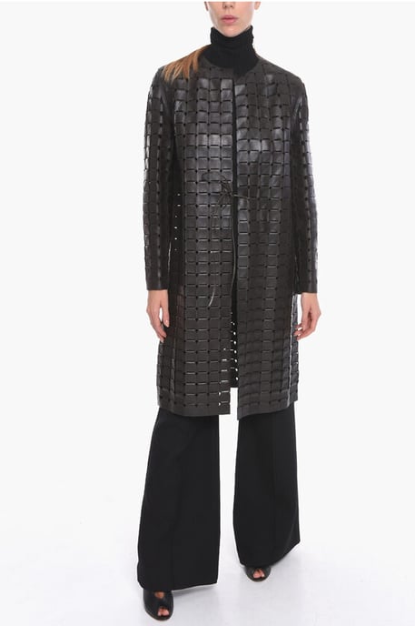 Knitted Leather SATINE Coat with Drawstring in Brown - Image 4