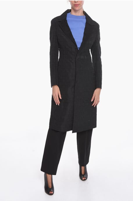 Silk Gazarre Single-breasted Coat in Basket-weave Motif in Black - Image 4