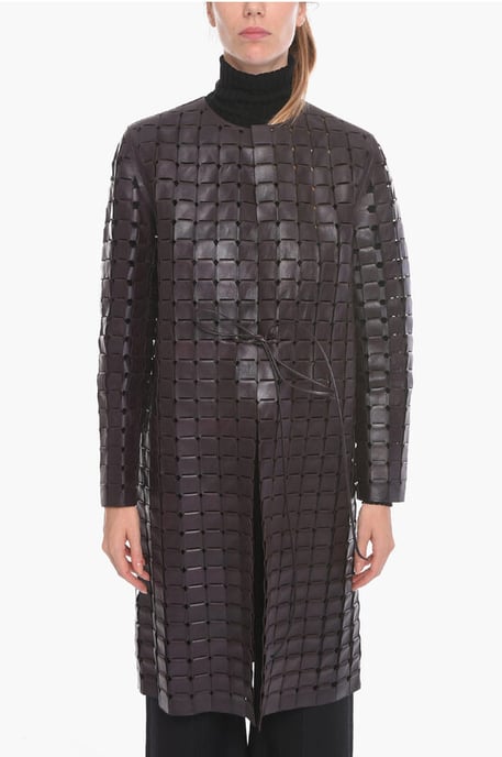 Knitted Leather SATINE Coat with Drawstring in Brown - Image 1