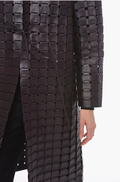 Knitted Leather SATINE Coat with Drawstring in Brown - Image 3