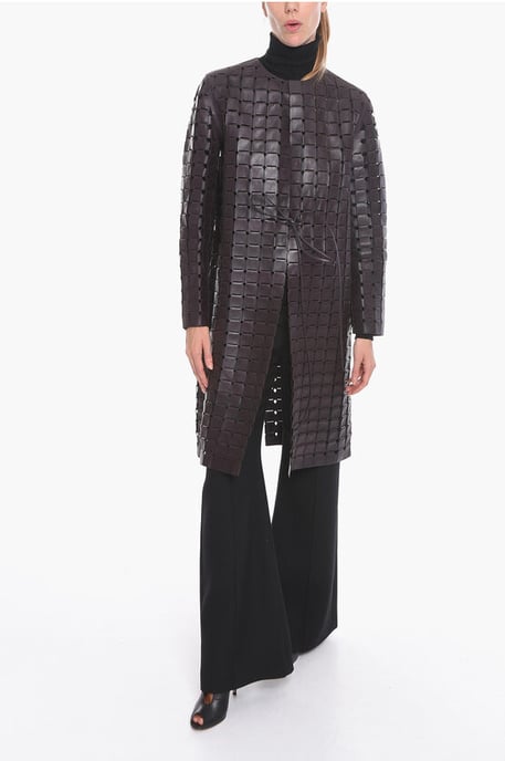 Knitted Leather SATINE Coat with Drawstring in Brown - Image 4