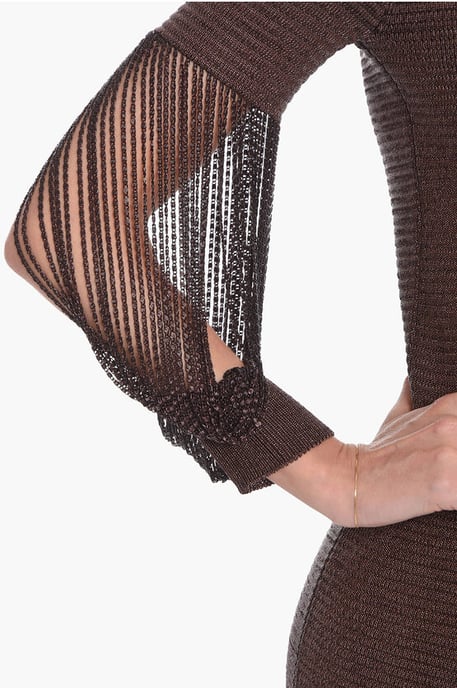 Metallic Viscose-knit Midi Dress with Chain Details in Brown - Image 3