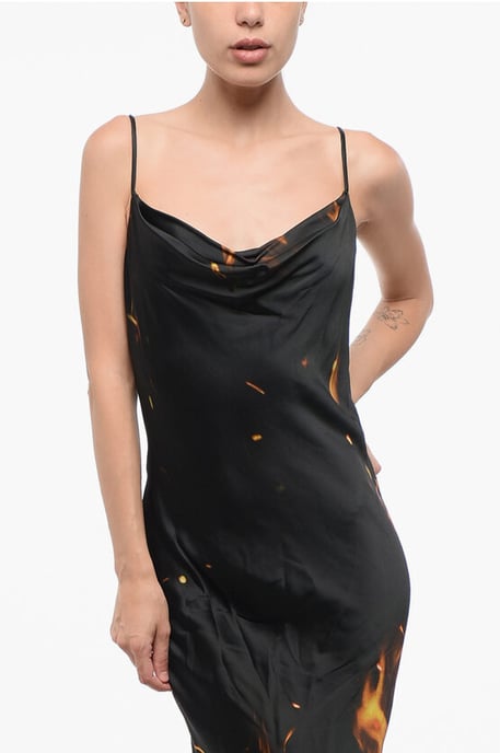 Satijnen lange jurk met vlammenprint in Arancio, Nero - Image 3