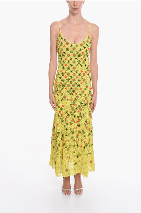 Viscose-gehaakte wijd uitlopende jurk met kralen bloemenmotief in groen - Image 1