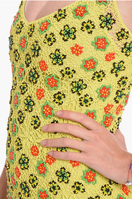 Viscose-gehaakte wijd uitlopende jurk met kralen bloemenmotief in groen - Image 3