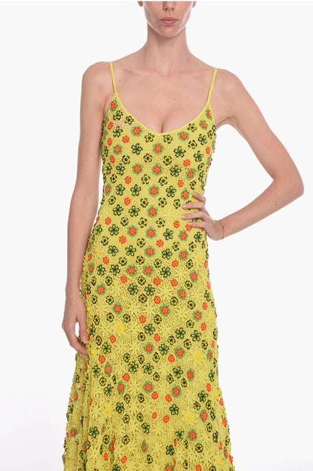 Viscose-gehaakte wijd uitlopende jurk met kralen bloemenmotief in groen - Image 4