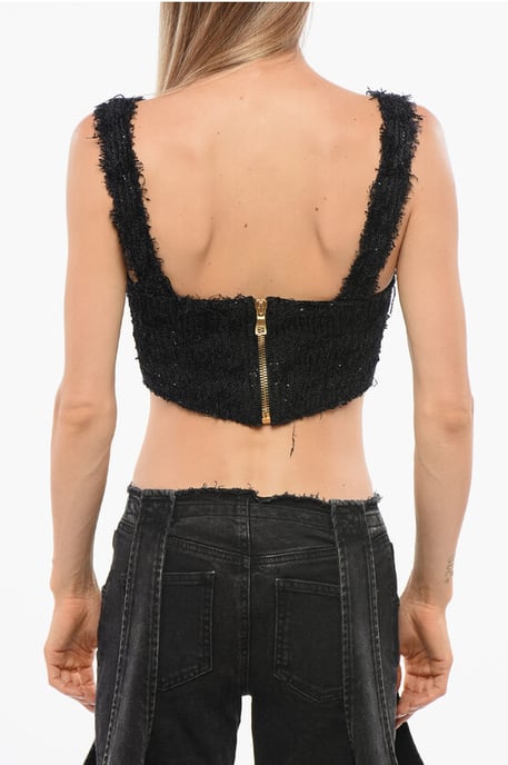 Solid Color Crop Top Embellished with Sequins in Black - Image 2