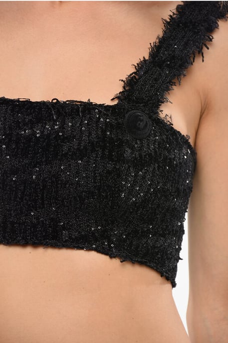 Solid Color Crop Top Embellished with Sequins in Black - Image 3
