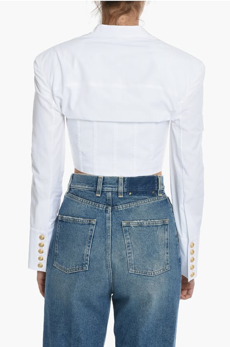 Popeline Cotton Long Sleeved Cropped Top in White - Image 2