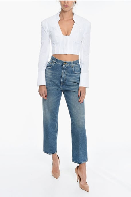 Popeline Cotton Long Sleeved Cropped Top in White - Image 4