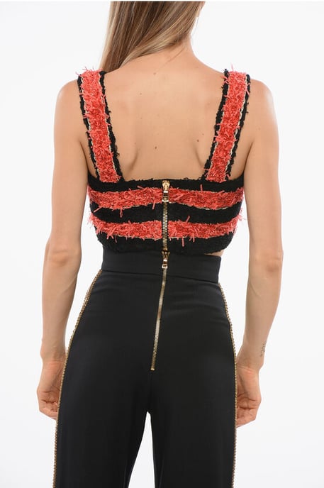 Tweekleurige gestreepte tweed crop top in zwart en rood - Image 2