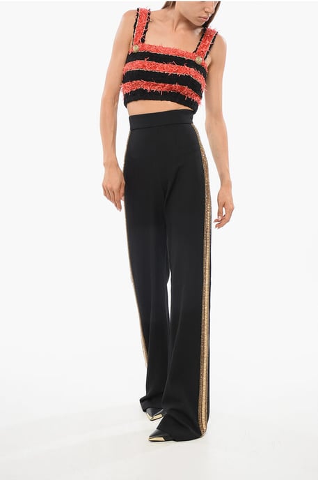 Tweekleurige gestreepte tweed crop top in zwart en rood - Image 4