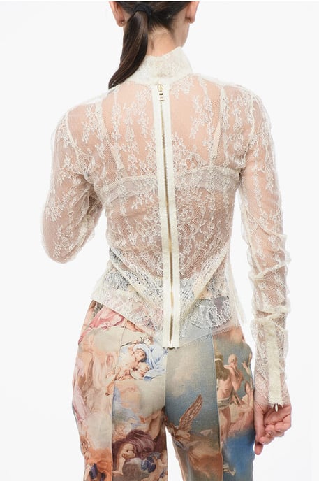 Long Sleeved See-Through Lace Top with Zip Closure in White - Image 2